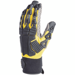 Yellow and black gloves with a black and gray palm.