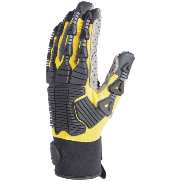 Yellow and black gloves with a black and gray palm.