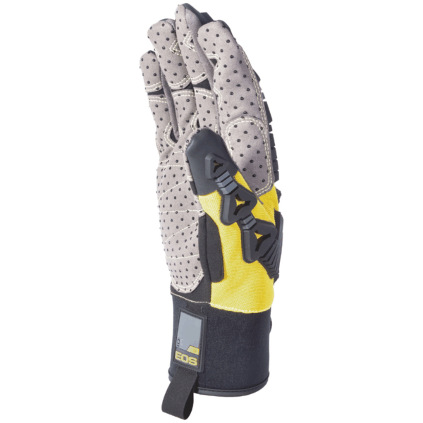 Yellow and black gloves with a black and gray palm.