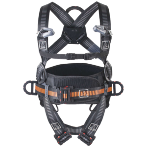 Safety harness made of black and orange fabric