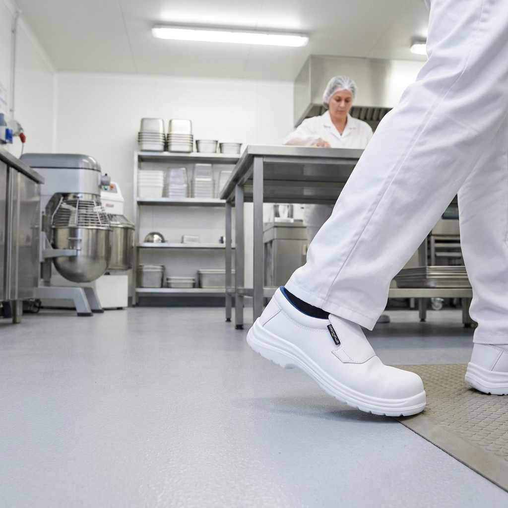 Close-up of a person in white DELTA PLUS ROBION4 S2 work shoes stepping over a threshold in a clean lab-kitchen with stainless steel equipment in the background.