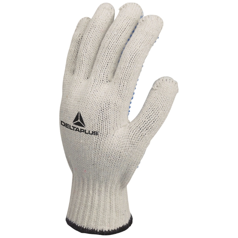 White knit work glove with DeltaPlus logo on the back of the hand.