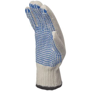 White knitted work glove with blue dotted grip pattern on the palm and fingers, designed for grip and protection.