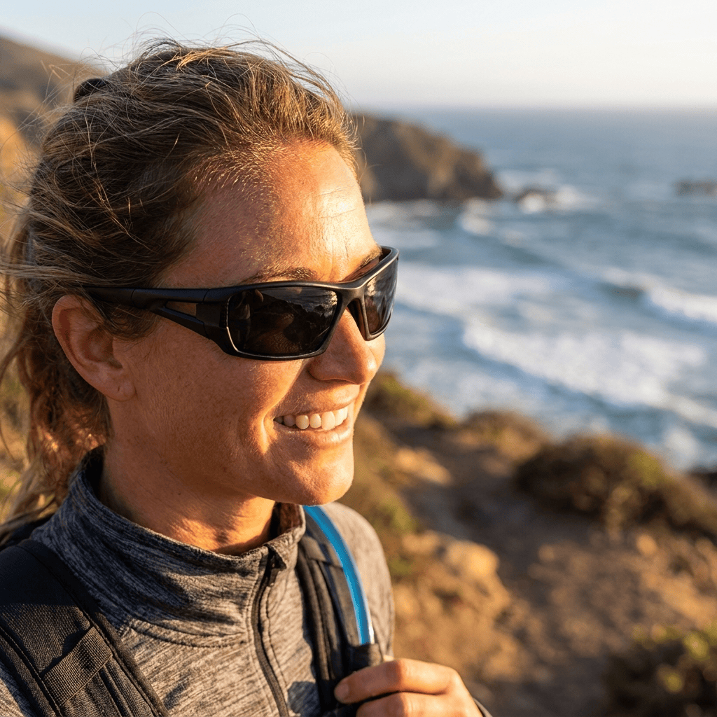 Close-up of a woman wearing dark DELTA PLUS RIMFIRE POLARIZED sunglasses, gray zippered jacket, and a backpack along a coastal trail with the ocean in the background, smiling.