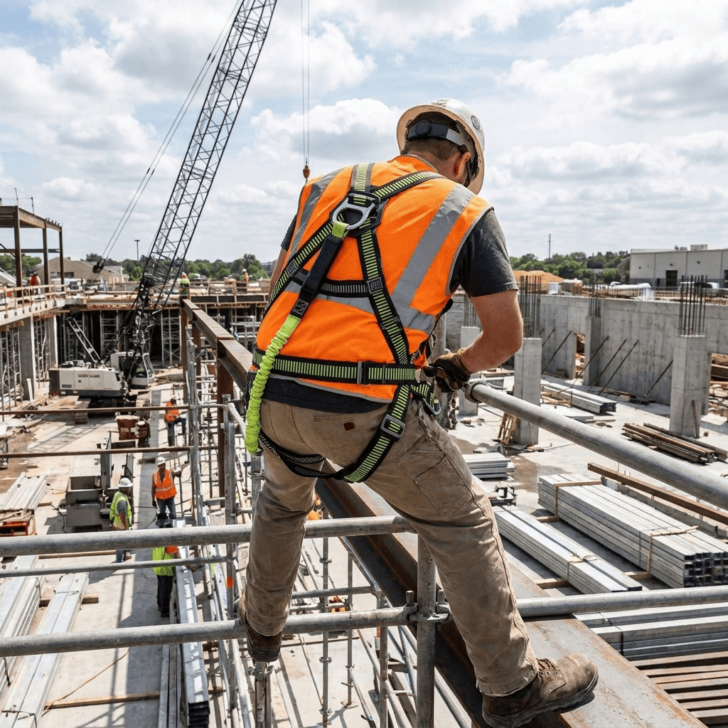 Construction worker in an orange safety vest and DELTA PLUS HAA01 harness stands on scaffolding at a building site, with a crane in the background.