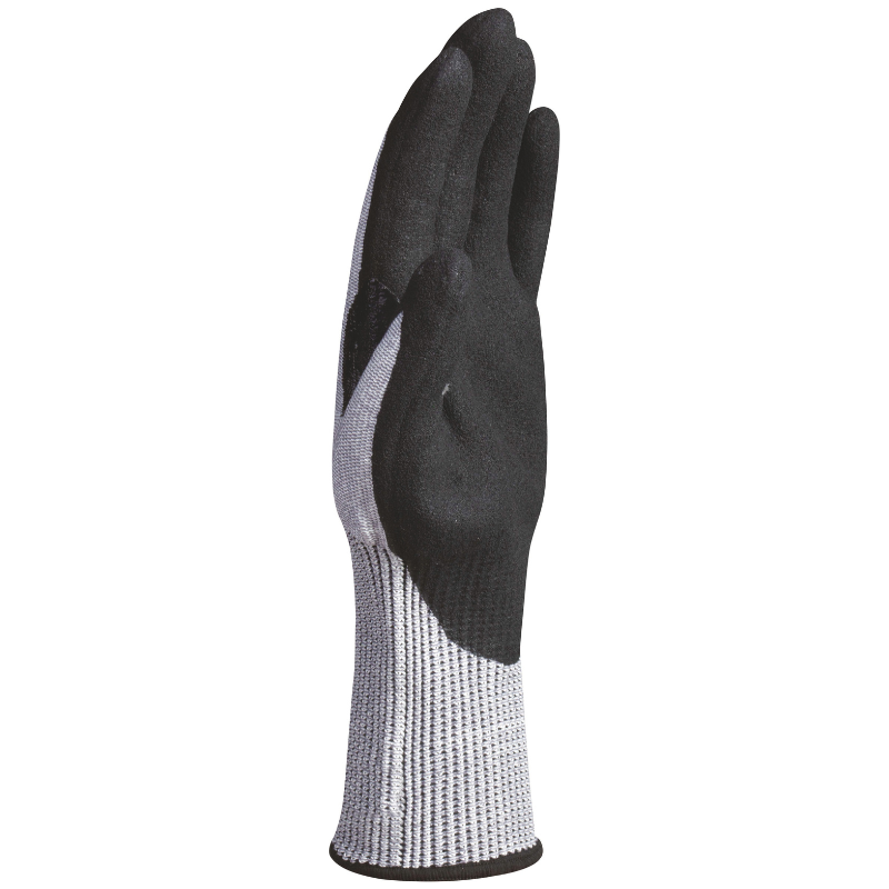 Single black and gray DELTA PLUS VENICUTF01 protective work glove with a knitted gray cuff, shown from the side.