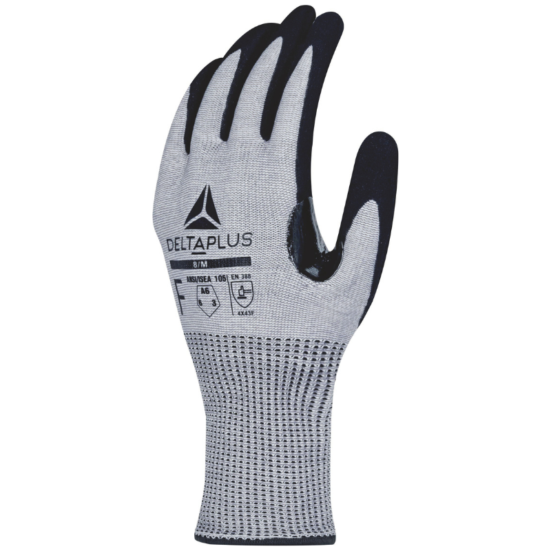 Grey DELTA PLUS VENICUTF01 protective work glove with black-coated fingertips and DeltaPlus logo on the back of the hand.