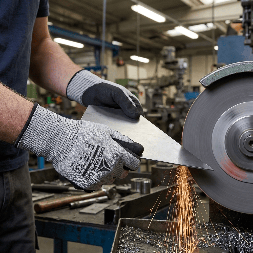 Worker wearing DELTA PLUS VENICUTF01 gloves grinds a metal sheet against a spinning abrasive wheel, sparks flying in a workshop.