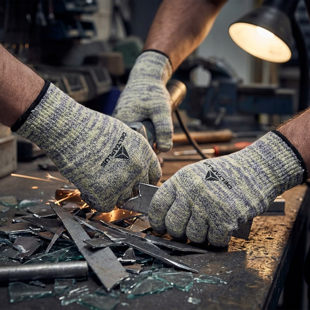 Hands in DELTA PLUS VENICUTC05 gloves positioned for cutting or trimming.