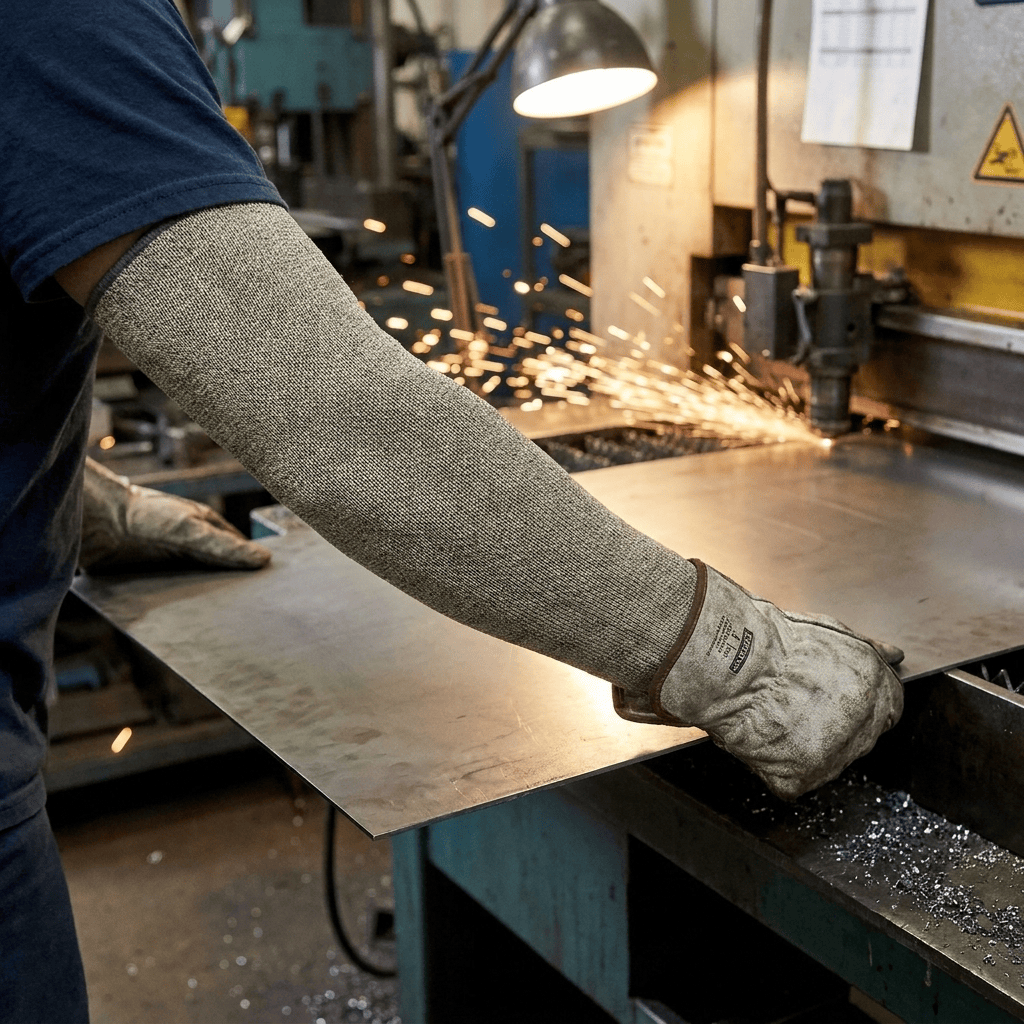 Worker in DELTA PLUS VENICUTCM1 protective sleeve and gloves guiding a metal sheet on a cutting machine as sparks fly nearby.