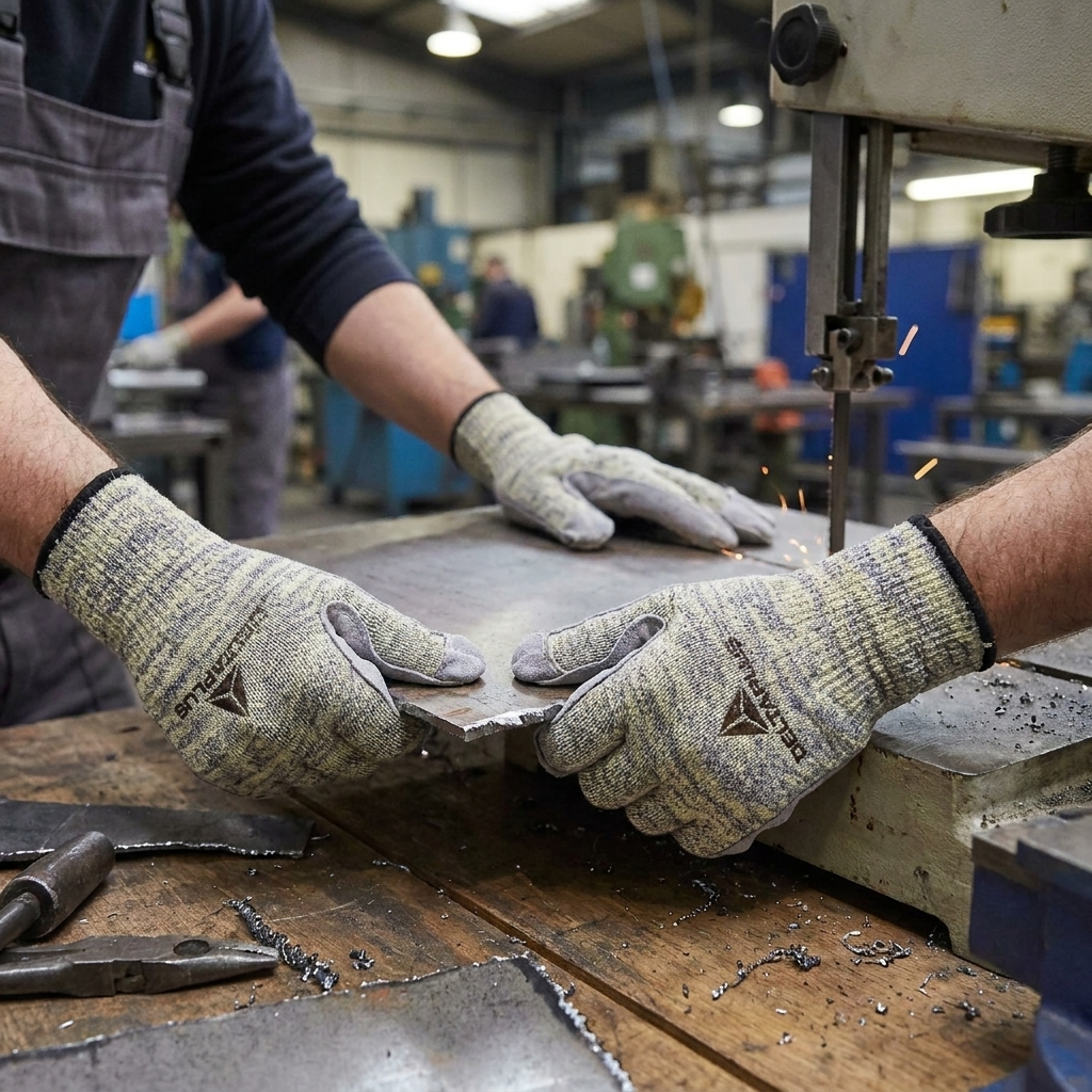 Two workers in DELTA PLUS VENICUTDX0 gloves guide a metal sheet through a cutting machine, sparks flying in the workshop.