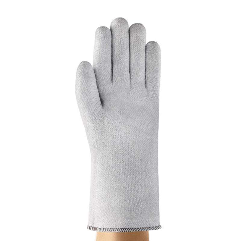 White protective work glove worn on a raised hand against a white background