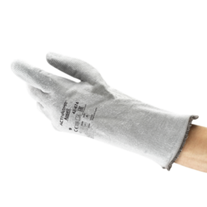 Gloved hand with fingers extended against a white background, showing the glove texture and cuff edge