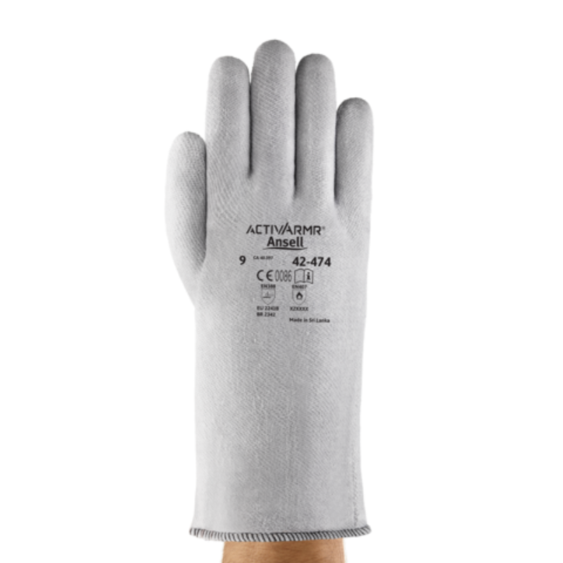 White protective work glove worn on a hand, showing size and branding marks on the back of the glove (size 9).
