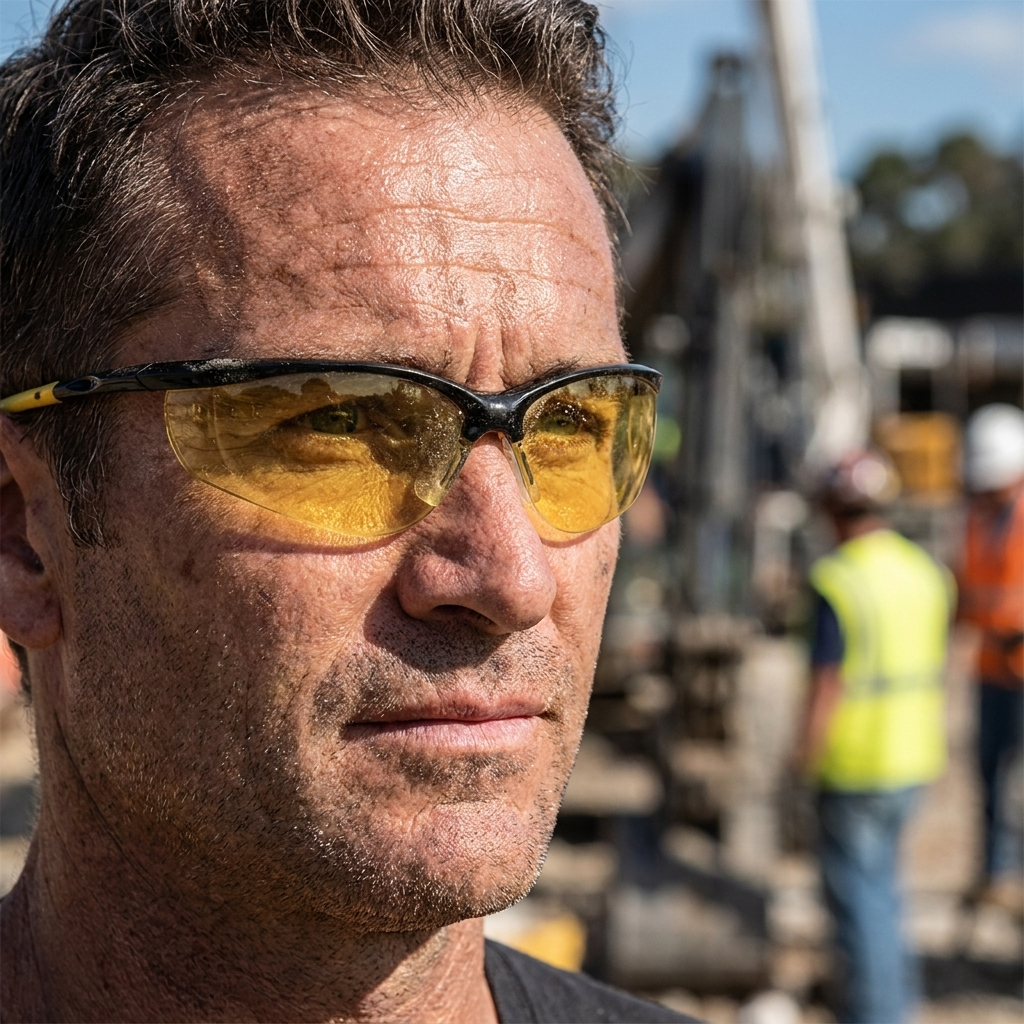 A man in a black shirt wearing yellow DELTA PLUS IRAYA safety glasses.