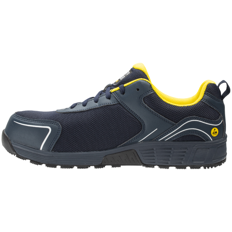 Navy blue athletic SAFETY JOGGER AAK S1P LOW sneaker with yellow interior shown in profile and white trim details on the toe and side.