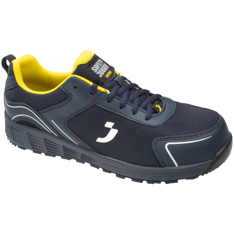 Navy blue SAFETY JOGGER AAK S1P LOW safety shoe with yellow inner lining, white side logo, and rugged sole