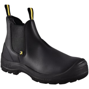 Black SAFETY JOGGER BESTFIT S1 P work boot with elastic side panels and yellow pull tabs on the heel loops