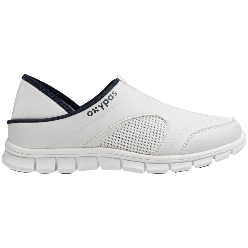 White slip-on athletic SAFETY JOGGER BESTNURSE shoe with a breathable mesh side panel and navy trim at the collar and sole edge.
