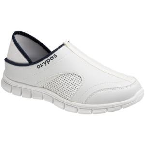 White slip-on athletic SAFETY JOGGER BESTNURSE shoe with a breathable mesh side panel and navy trim along the opening