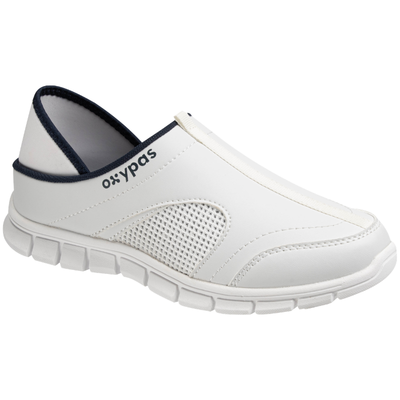 White slip-on athletic SAFETY JOGGER BESTNURSE shoe with a breathable mesh side panel and navy trim along the opening