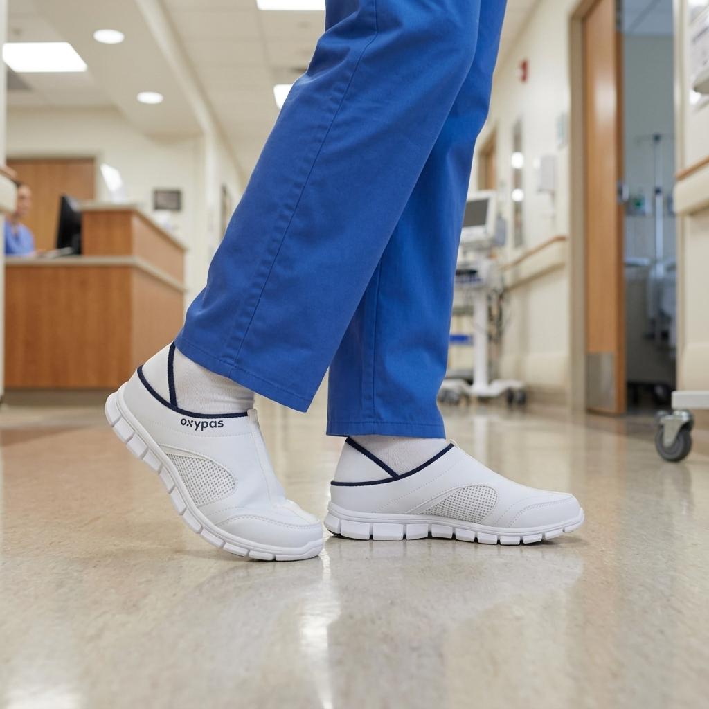 Slip-on white athletic SAFETY JOGGER BESTNURSE shoes with blue trim worn by a healthcare worker in blue scrubs walking in a hospital corridor. The image focuses on the feet and footwear as the person moves down a hospital hallway.