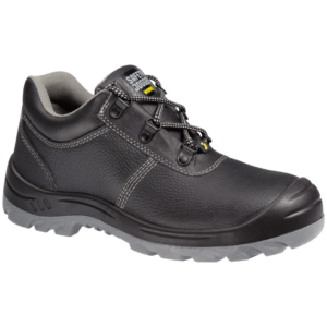 Black SAFETY JOGGER BESTRUN S3 safety work boot with padded collar and rugged gray treaded sole, designed for protection and durability.