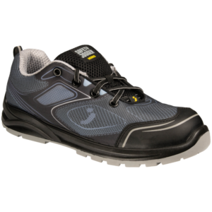 Gray and black SAFETY JOGGER CADOR S1 P safety shoe with reinforced toe, breathable mesh panels, and rugged tread outsole.