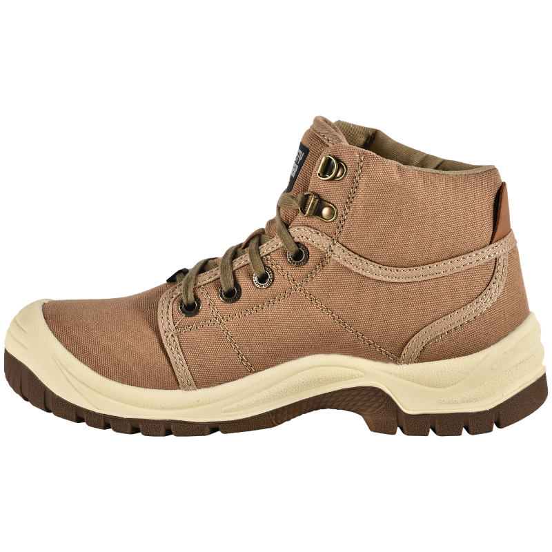 Brown hiking boot with padded ankle and cream tread, side view of a rugged outdoors shoe
