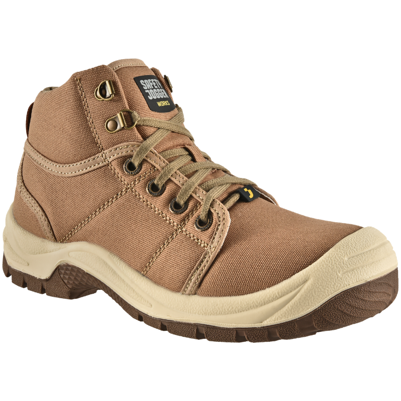 Brown hiking boot with beige sole, metal eyelets, and rugged tread visible from the side