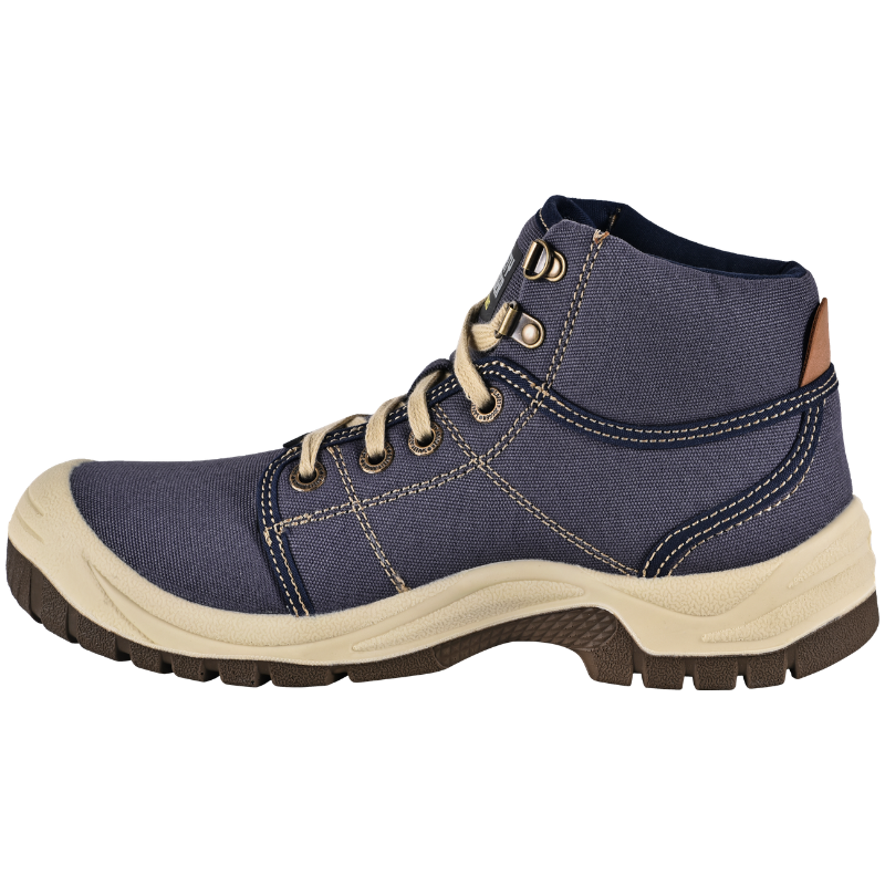 Blue denim hiking boot with a beige sole, metal eyelets, and ankle support for outdoor wear.