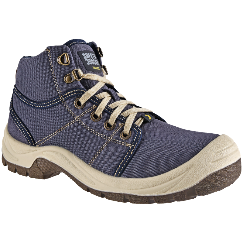 Blue rugged hiking boot with beige sole and cream laces, mid-height with metal eyelets and stitching details, shown from a side angle.