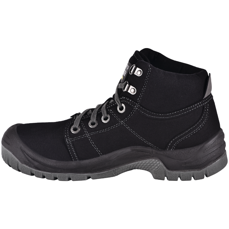 Black hiking boot with padded collar, metal eyelets, and rugged outsole for outdoor traction