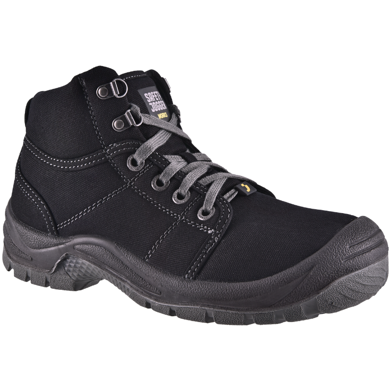 Black work safety boot with rugged tread sole and padded ankle collar, suitable for industrial environments (steel-toe likely).