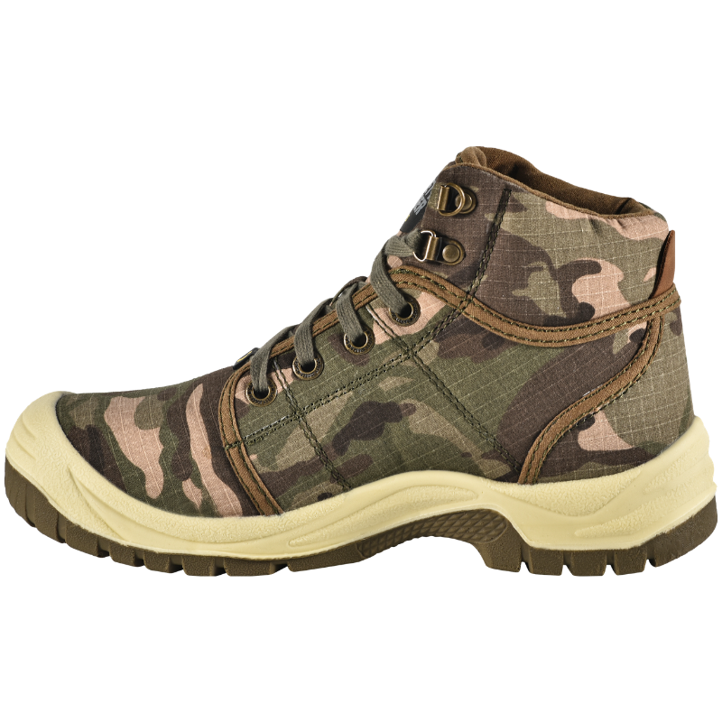 Camouflage hiking boot with tan sole and rugged tread, lace-up ankle boot for outdoor use