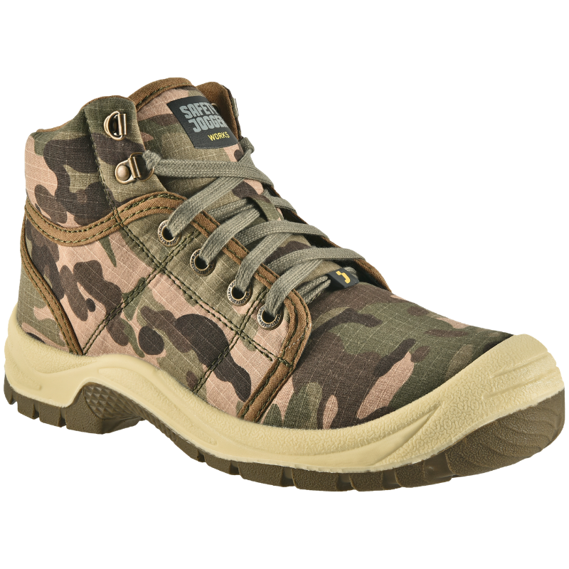 Camouflage hiking boot with beige sole and gray laces, rugged tread for outdoor use