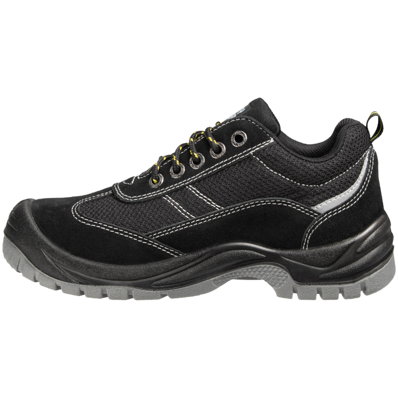 Black athletic SAFETY JOGGER GOBI S1 P SRC shoe with mesh panels, suede overlays, yellow laces, and a rugged gray sole.",