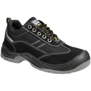 Black SAFETY JOGGER GOBI S1 P SRC safety work shoe with a reinforced toe, black upper, yellow-accent laces and thick gray outsole for grip and stability.