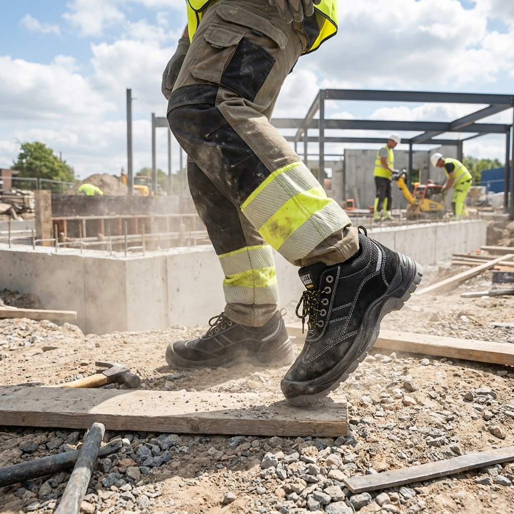 Construction worker in high‑visibility gear and SAFETY JOGGER GOBI S1 P SRC safety shoes stepping over rubble on a wooden plank.