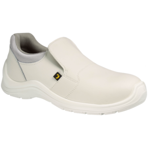 White slip-on SAFETY JOGGER GUSTO S2 SRC safety shoe with a Velcro strap and cushioned ankle collar; breathable interior and textured sole for grip.