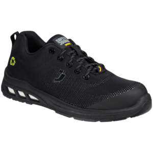 Stylish black safety shoe featuring yellow accents, SAFETY JOGGER ECOFITZ S1P LOW.