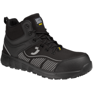 Black SAFETY JOGGER MILOS S1P MID work safety boot with lace-up design, padded collar, and textured side panels showing a geometric pattern and brand label on the tongue.