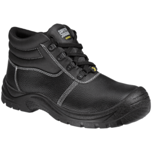 Black safety boot with padded ankle, white stitching, and a rugged tread sole designed for industrial work.
