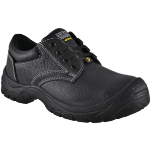 Black leather SAFETY JOGGER SAFETYRUN work shoe with rugged sole and reinforced toe for protective footwear use.