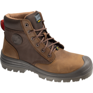 Brown safety boot featuring a brown sole and rubber outsole
