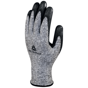 A black and gray glove on a white background.