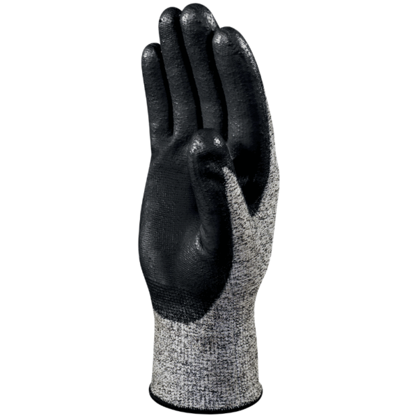 A black and gray glove on a white background.