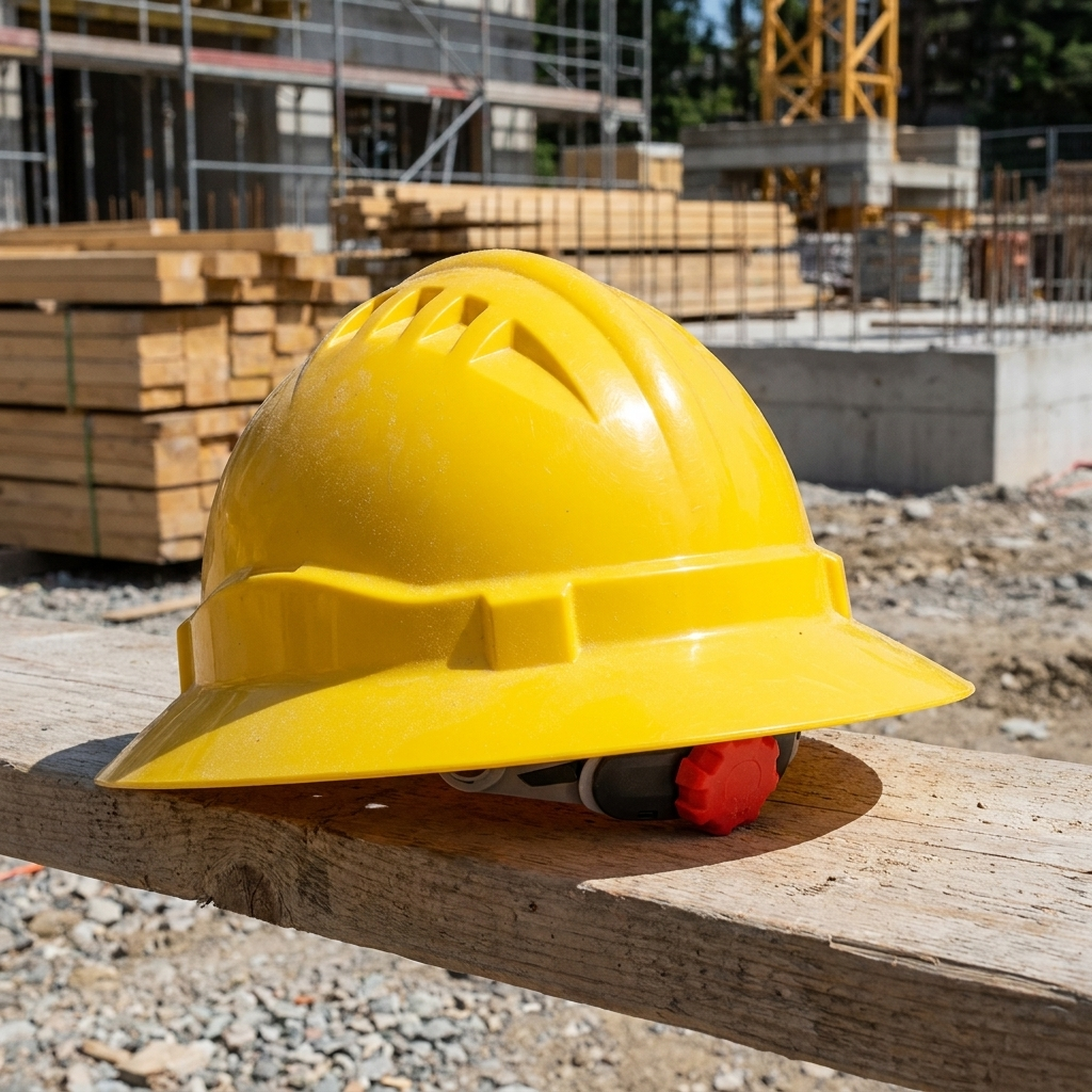 A bright yellow PROGUARD ADVANRIM hard hat sits on a rustic wooden bench.