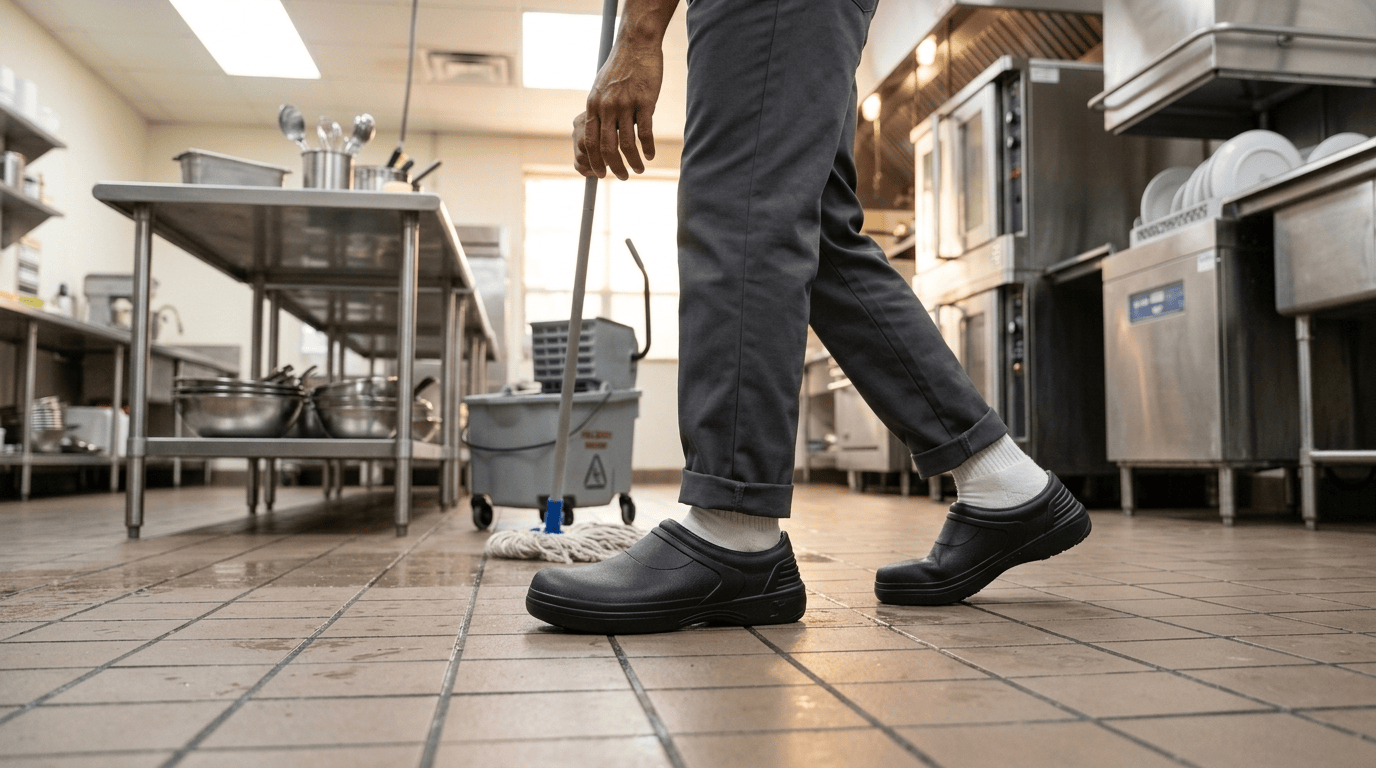 Worker in black SAFETY JOGGER BESTCLOG OB shoes and white socks mops a tiled commercial kitchen floor; mop bucket and mop visible nearby.