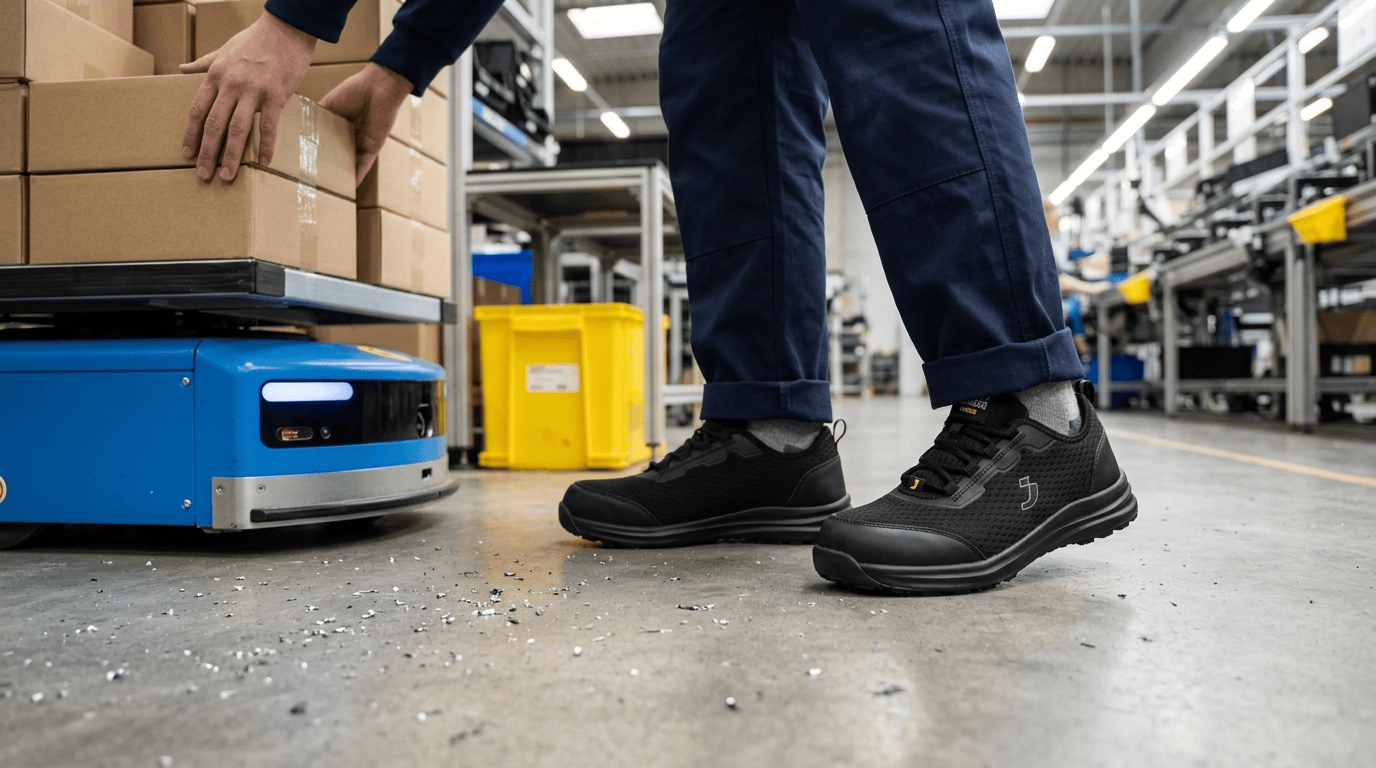 Warehouse worker wearing black SAFETY JOGGER LIGHTSTAR S1PS safety shoes placing cardboard boxes onto a blue pallet-jack robot.